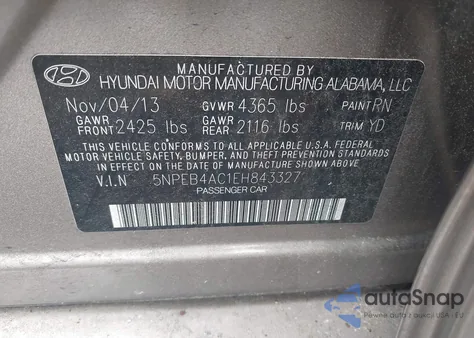 2014 Hyundai Sonata Gls z USA, uszkodzony, nr VIN 5NPEB4AC1EH843327